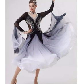 Customized size black white gradient competition national standard ballroom dance dresses for women girls foxtrot smooth dance bling long gown for female